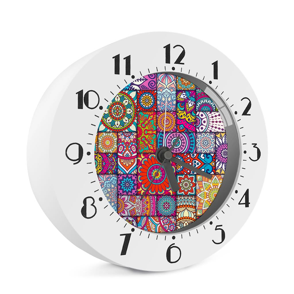 Square Bohemian Mandala Patchwork Print Alarm Clock