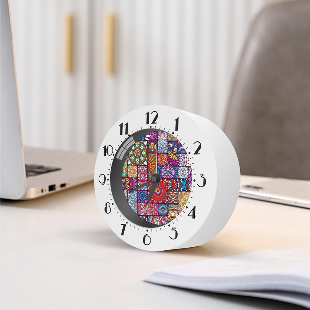 Square Bohemian Mandala Patchwork Print Alarm Clock