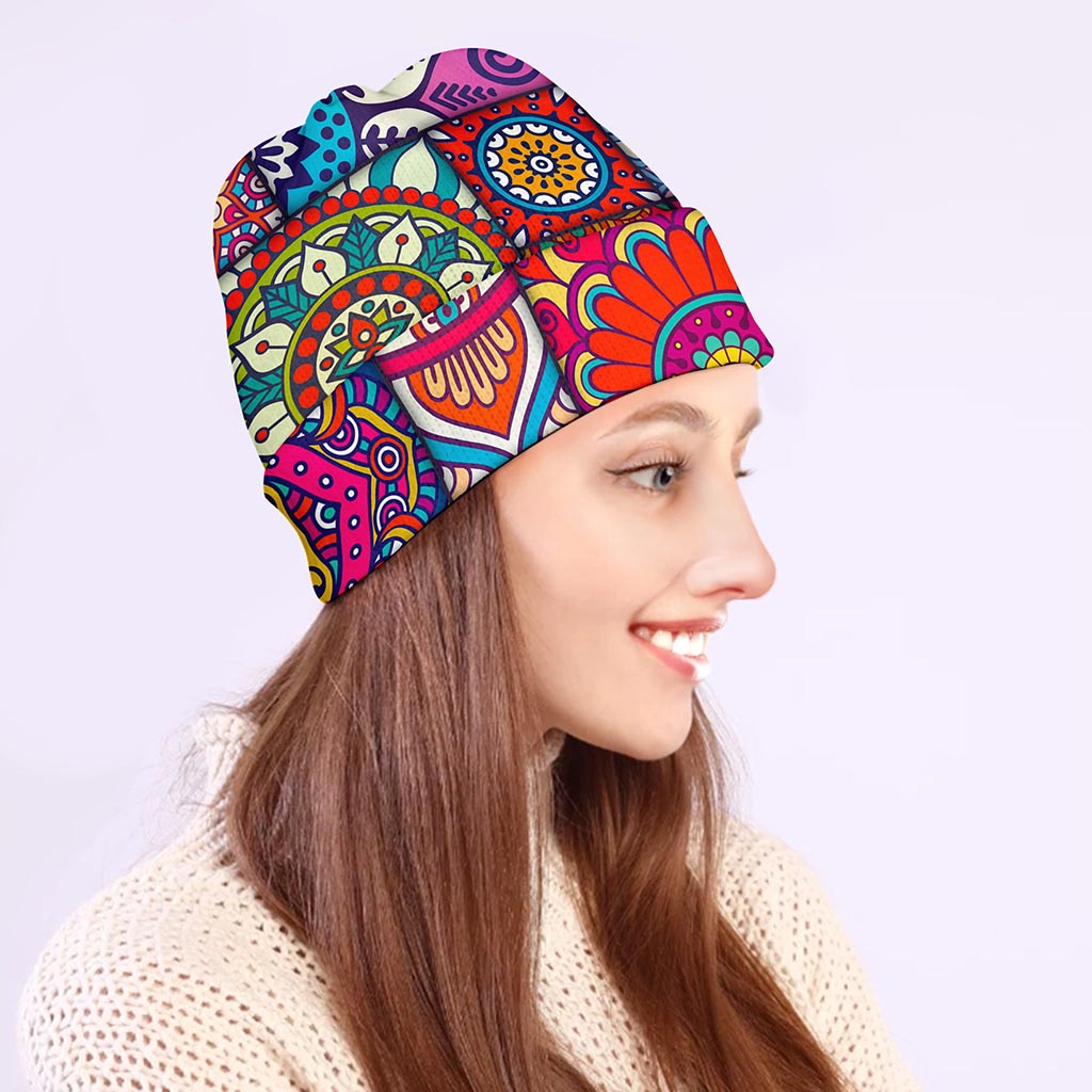 Square Bohemian Mandala Patchwork Print Beanie