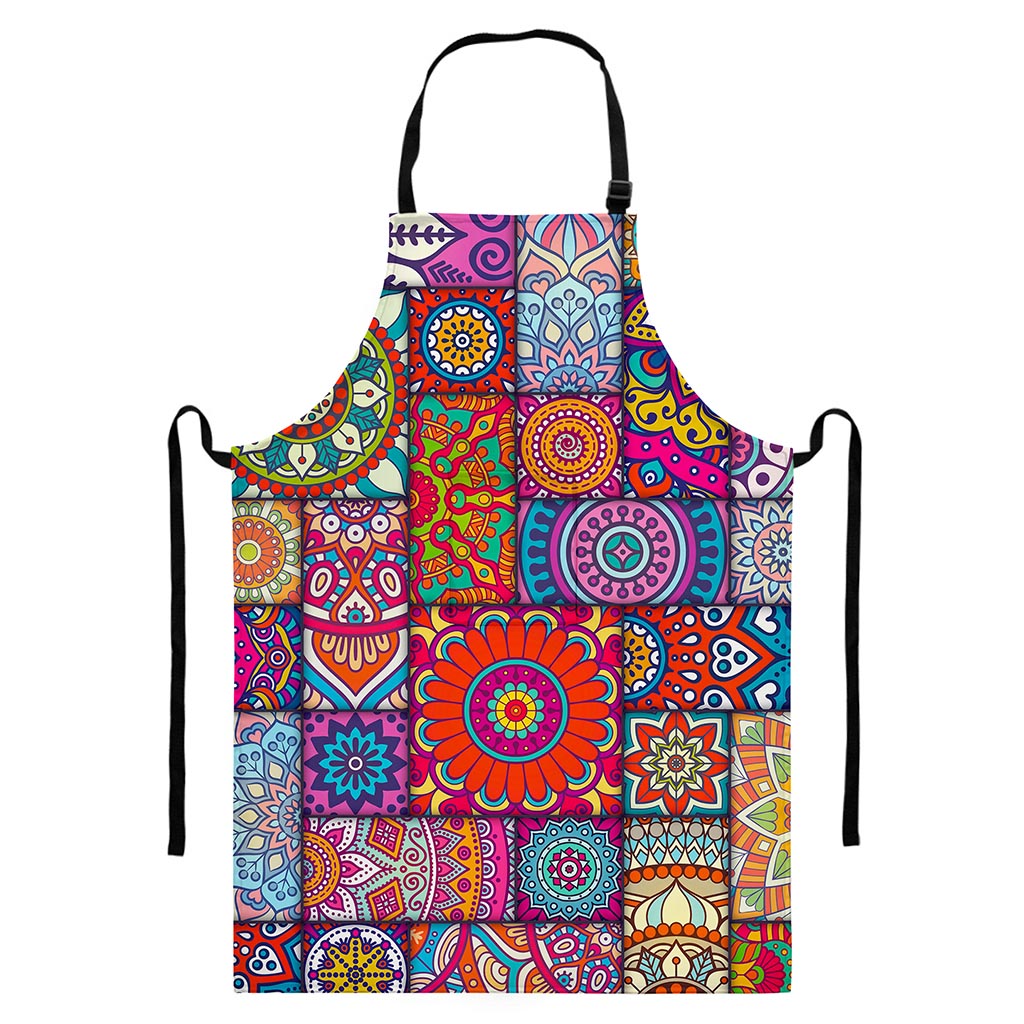 Square Bohemian Mandala Patchwork Print Bib Apron With Pocket