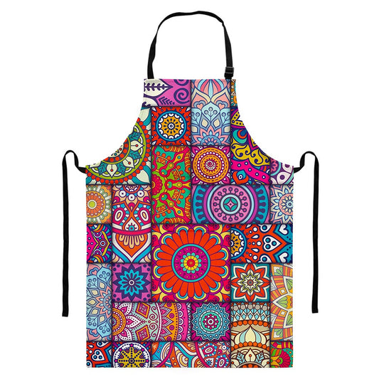 Square Bohemian Mandala Patchwork Print Bib Apron With Pocket