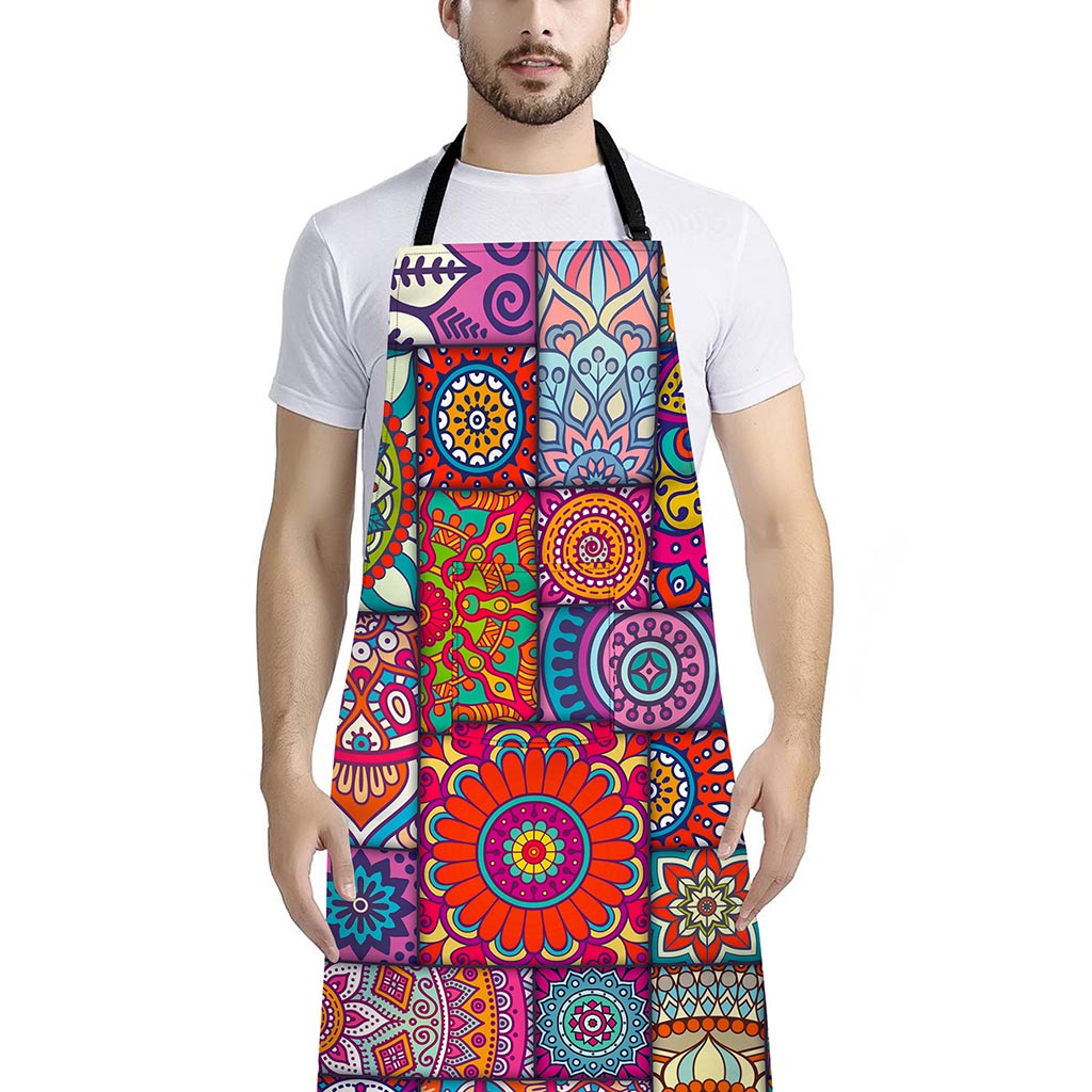Square Bohemian Mandala Patchwork Print Bib Apron With Pocket