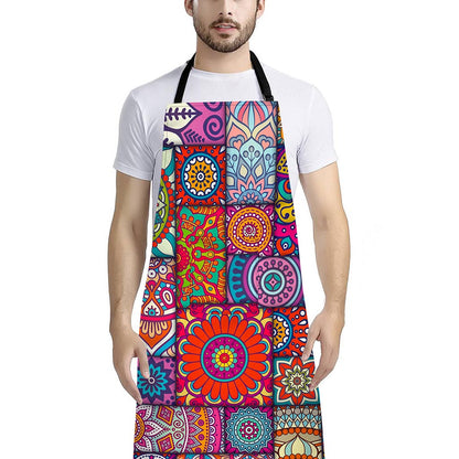 Square Bohemian Mandala Patchwork Print Bib Apron With Pocket