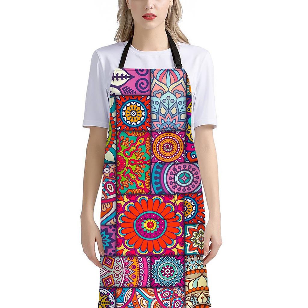 Square Bohemian Mandala Patchwork Print Bib Apron With Pocket