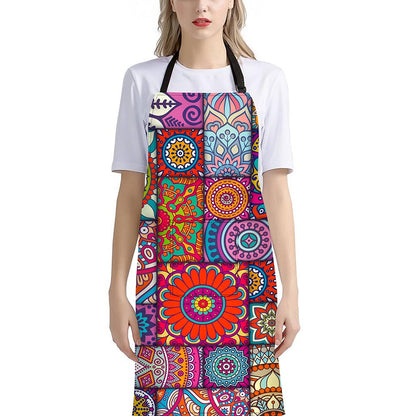 Square Bohemian Mandala Patchwork Print Bib Apron With Pocket