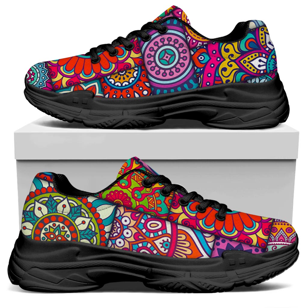Square Bohemian Mandala Patchwork Print Black Chunky Shoes