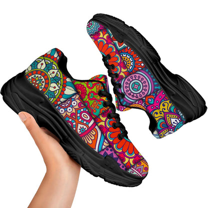 Square Bohemian Mandala Patchwork Print Black Chunky Shoes