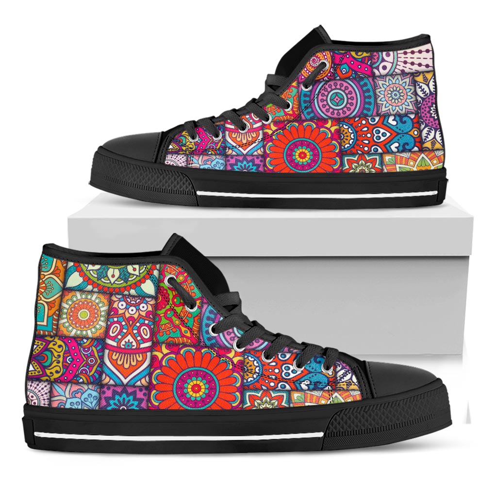 Square Bohemian Mandala Patchwork Print Black High Top Sneakers