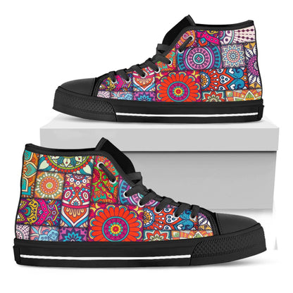 Square Bohemian Mandala Patchwork Print Black High Top Sneakers