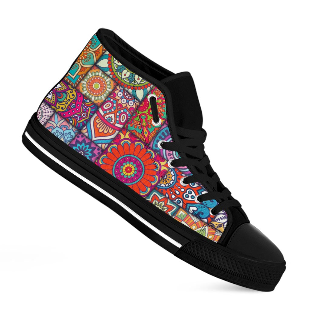 Square Bohemian Mandala Patchwork Print Black High Top Sneakers