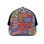 Square Bohemian Mandala Patchwork Print Black Mesh Trucker Cap