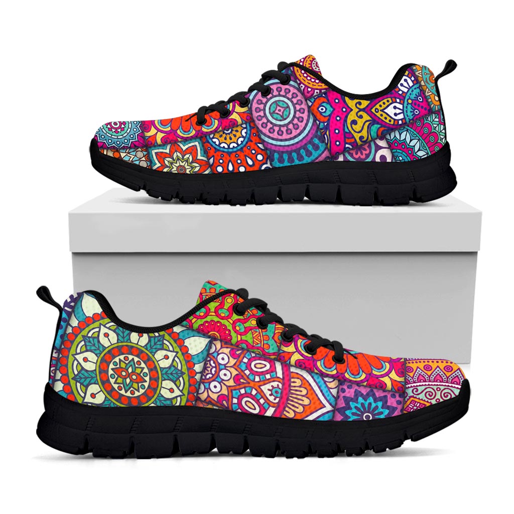 Square Bohemian Mandala Patchwork Print Black Running Shoes