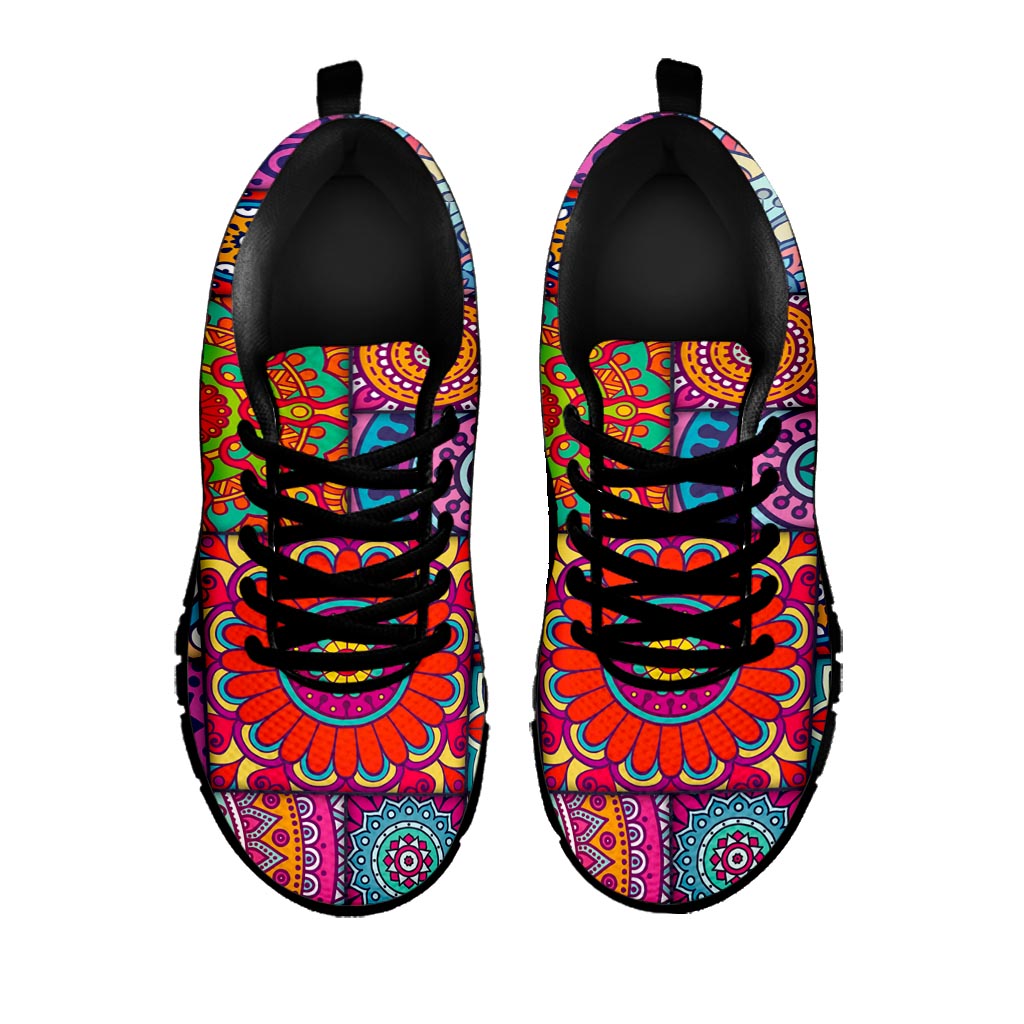 Square Bohemian Mandala Patchwork Print Black Running Shoes