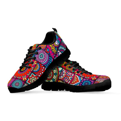 Square Bohemian Mandala Patchwork Print Black Running Shoes