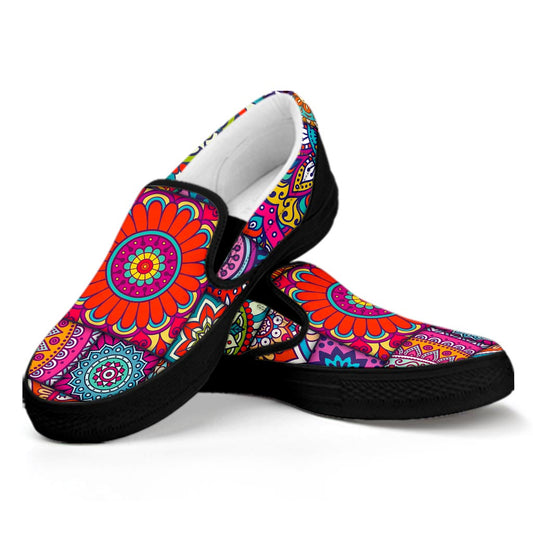 Square Bohemian Mandala Patchwork Print Black Slip On Sneakers