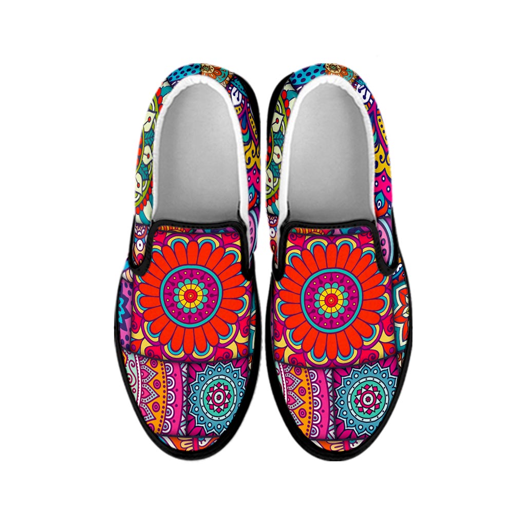 Square Bohemian Mandala Patchwork Print Black Slip On Sneakers
