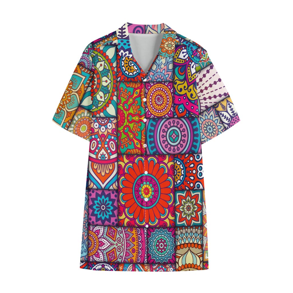 Square Bohemian Mandala Patchwork Print Cotton Hawaiian Shirt