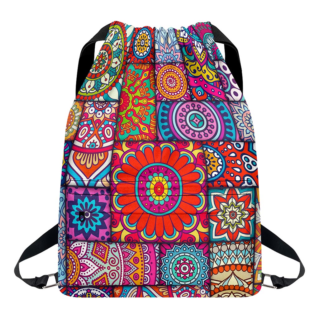 Square Bohemian Mandala Patchwork Print Drawstring Backpack