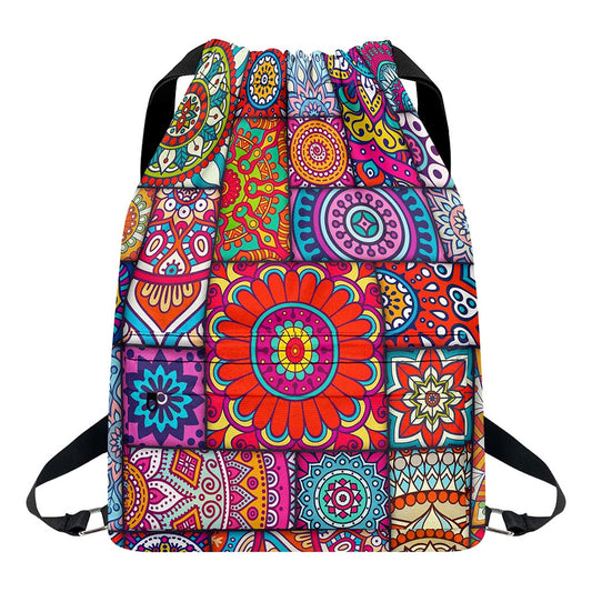 Square Bohemian Mandala Patchwork Print Drawstring Backpack