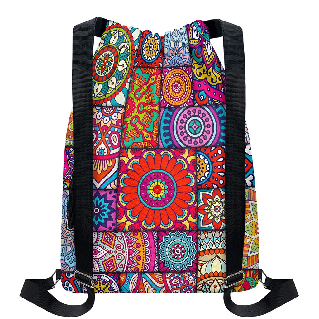 Square Bohemian Mandala Patchwork Print Drawstring Backpack