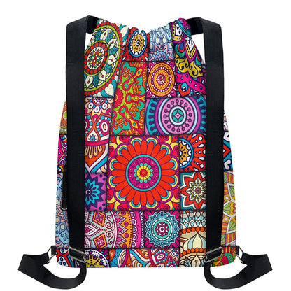 Square Bohemian Mandala Patchwork Print Drawstring Backpack