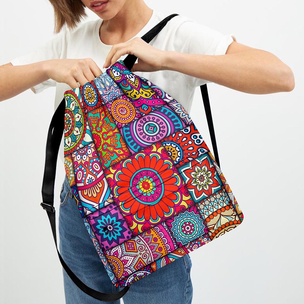Square Bohemian Mandala Patchwork Print Drawstring Backpack