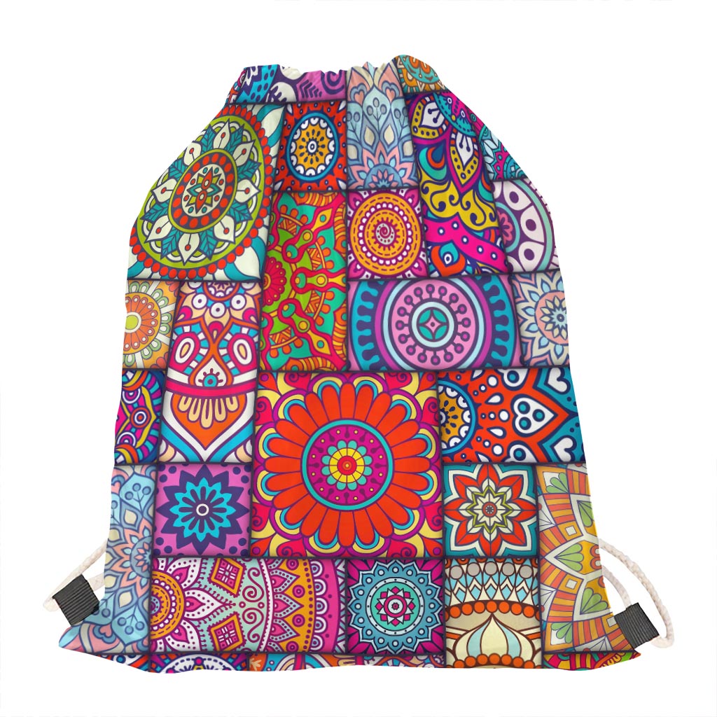 Square Bohemian Mandala Patchwork Print Drawstring Bag