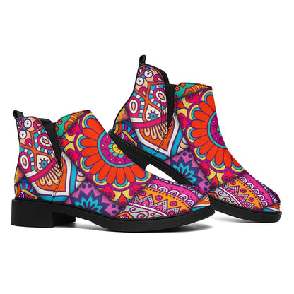 Square Bohemian Mandala Patchwork Print Flat Ankle Boots