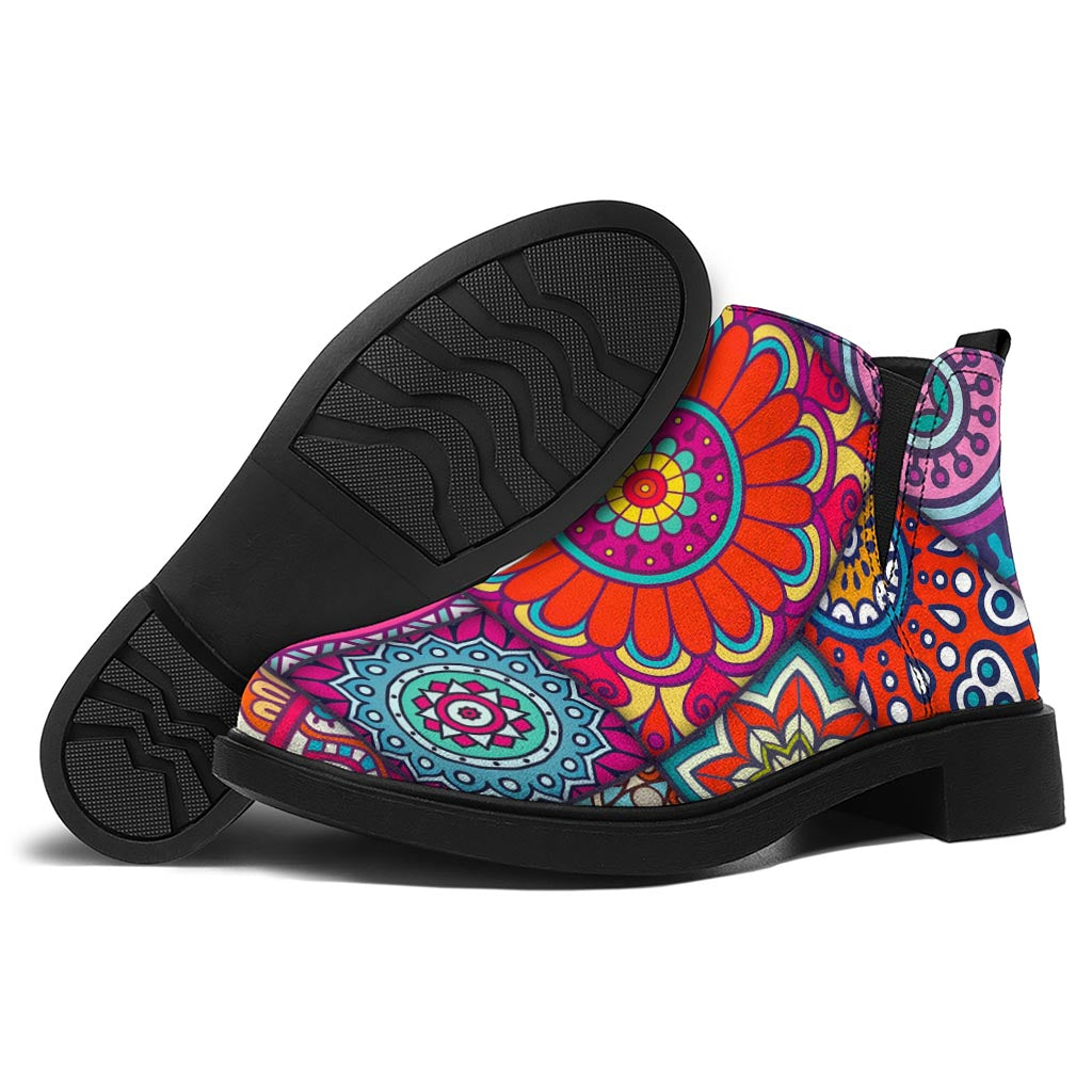Square Bohemian Mandala Patchwork Print Flat Ankle Boots