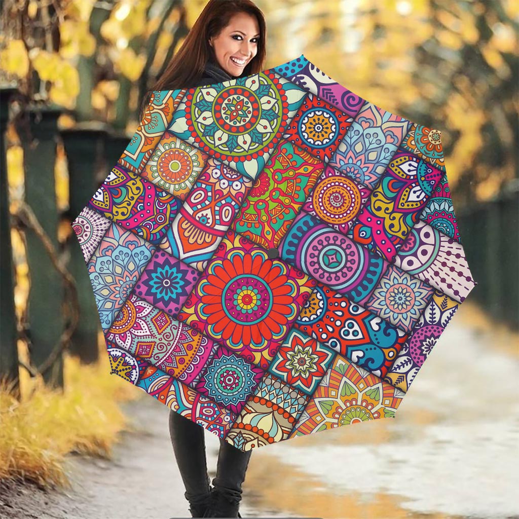 Square Bohemian Mandala Patchwork Print Foldable Umbrella