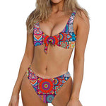 Square Bohemian Mandala Patchwork Print Front Bow Tie Bikini