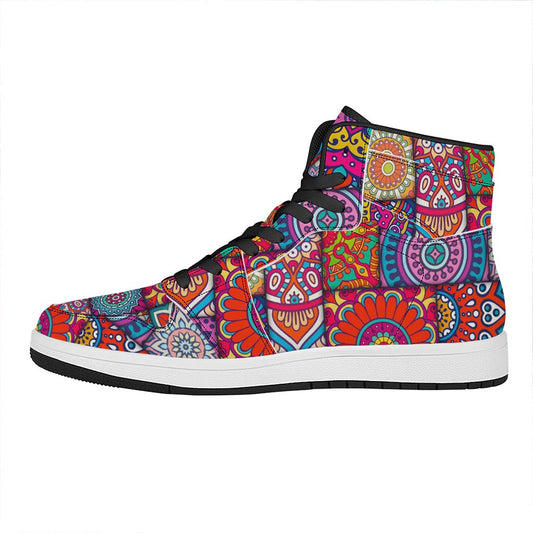 Square Bohemian Mandala Patchwork Print High Top Leather Sneakers