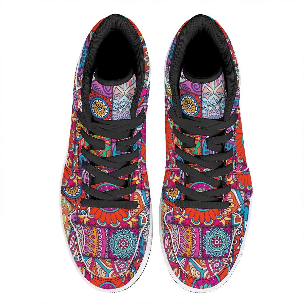 Square Bohemian Mandala Patchwork Print High Top Leather Sneakers