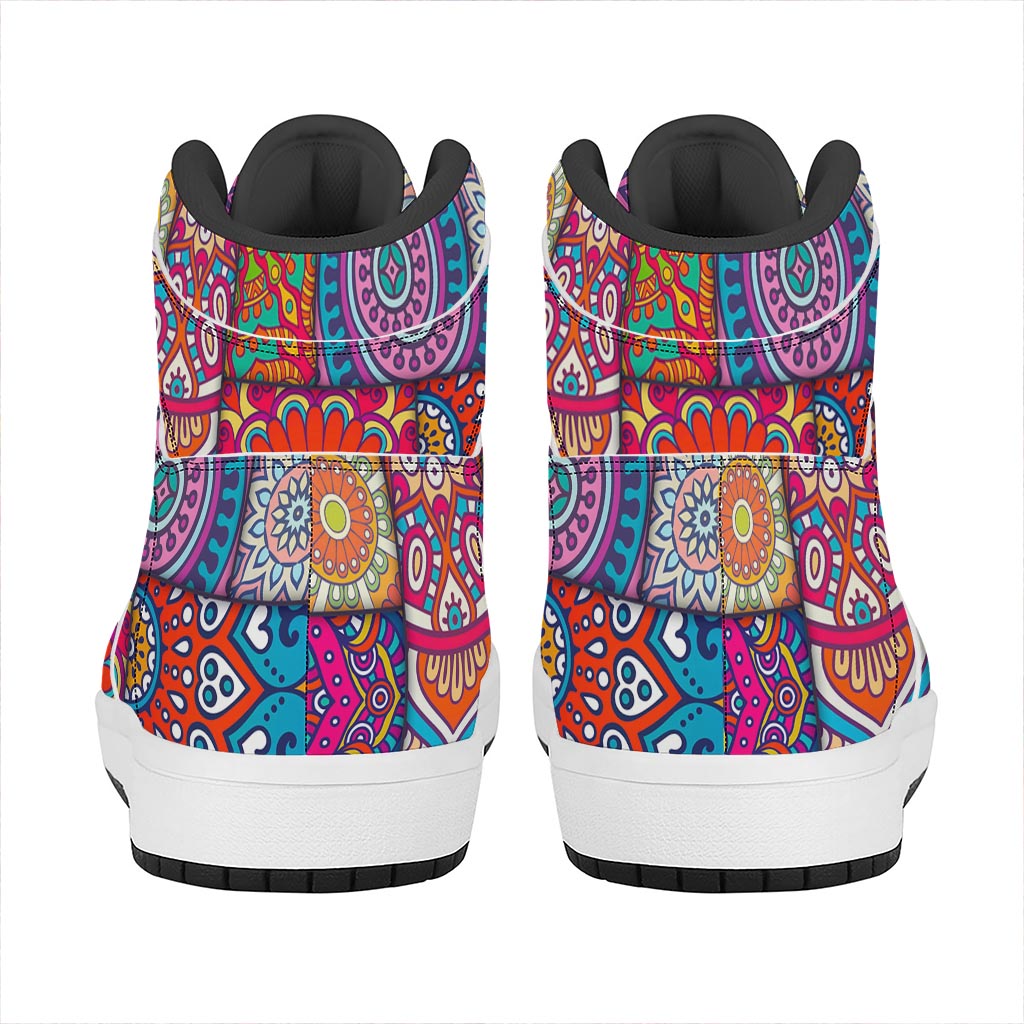 Square Bohemian Mandala Patchwork Print High Top Leather Sneakers