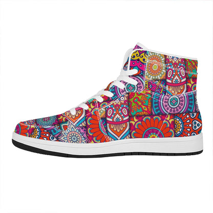 Square Bohemian Mandala Patchwork Print High Top Leather Sneakers