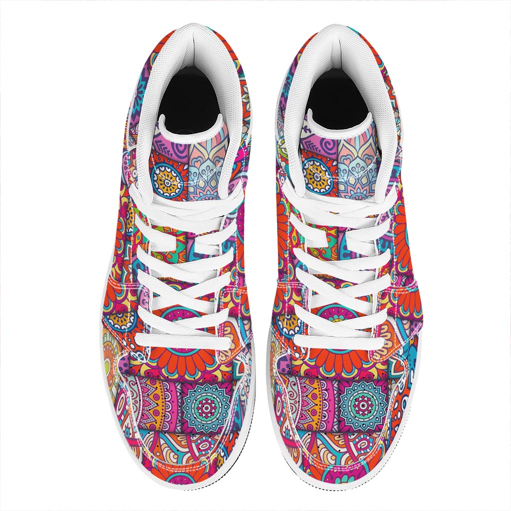 Square Bohemian Mandala Patchwork Print High Top Leather Sneakers
