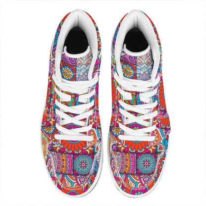 Square Bohemian Mandala Patchwork Print High Top Leather Sneakers