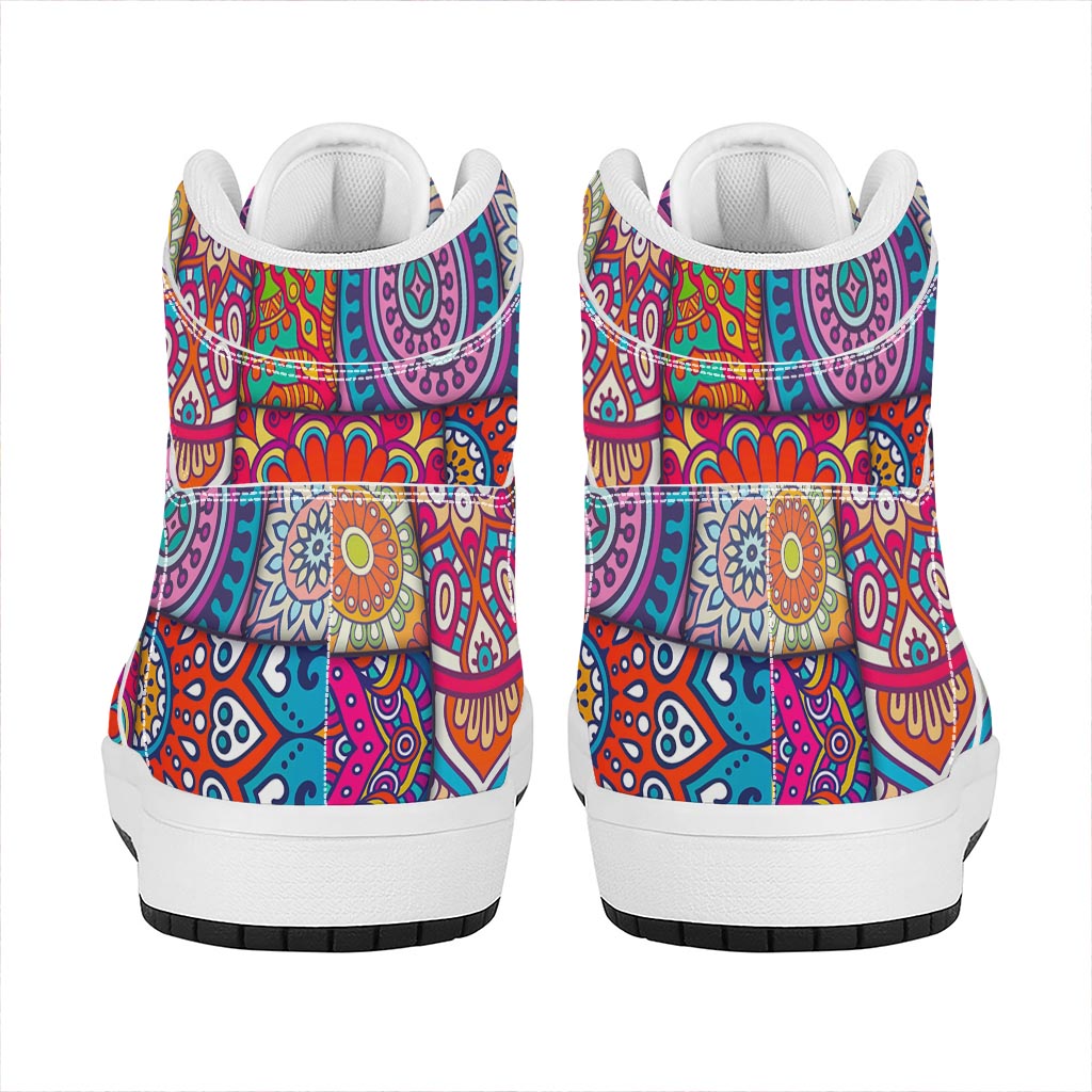 Square Bohemian Mandala Patchwork Print High Top Leather Sneakers