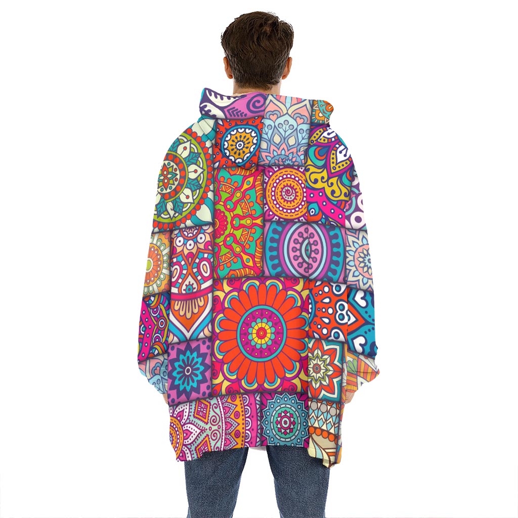 Square Bohemian Mandala Patchwork Print Hoodie Blanket
