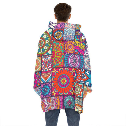 Square Bohemian Mandala Patchwork Print Hoodie Blanket