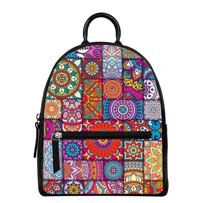 Square Bohemian Mandala Patchwork Print Leather Backpack