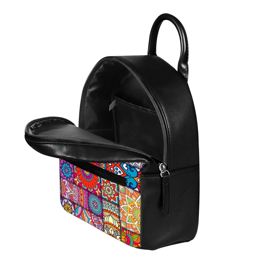 Square Bohemian Mandala Patchwork Print Leather Backpack