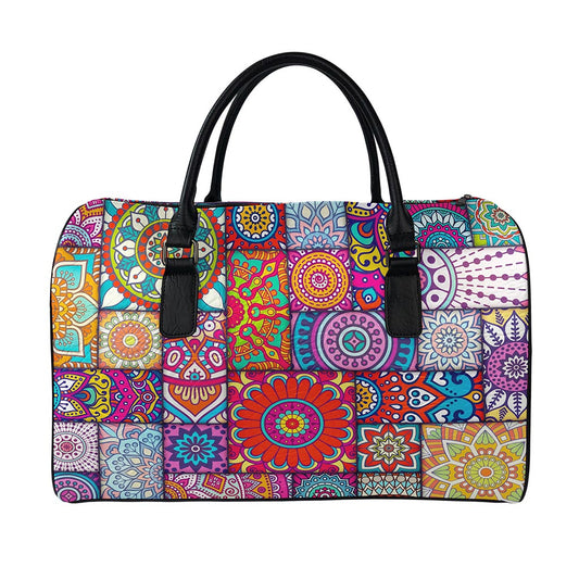 Square Bohemian Mandala Patchwork Print Leather Duffle Bag
