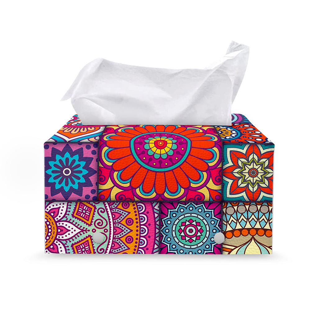 Square Bohemian Mandala Patchwork Print Leather Tissue Box Cover
