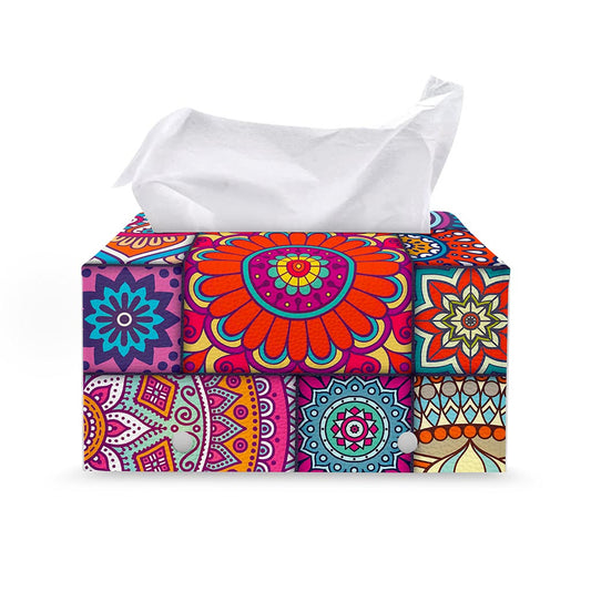 Square Bohemian Mandala Patchwork Print Leather Tissue Box Cover