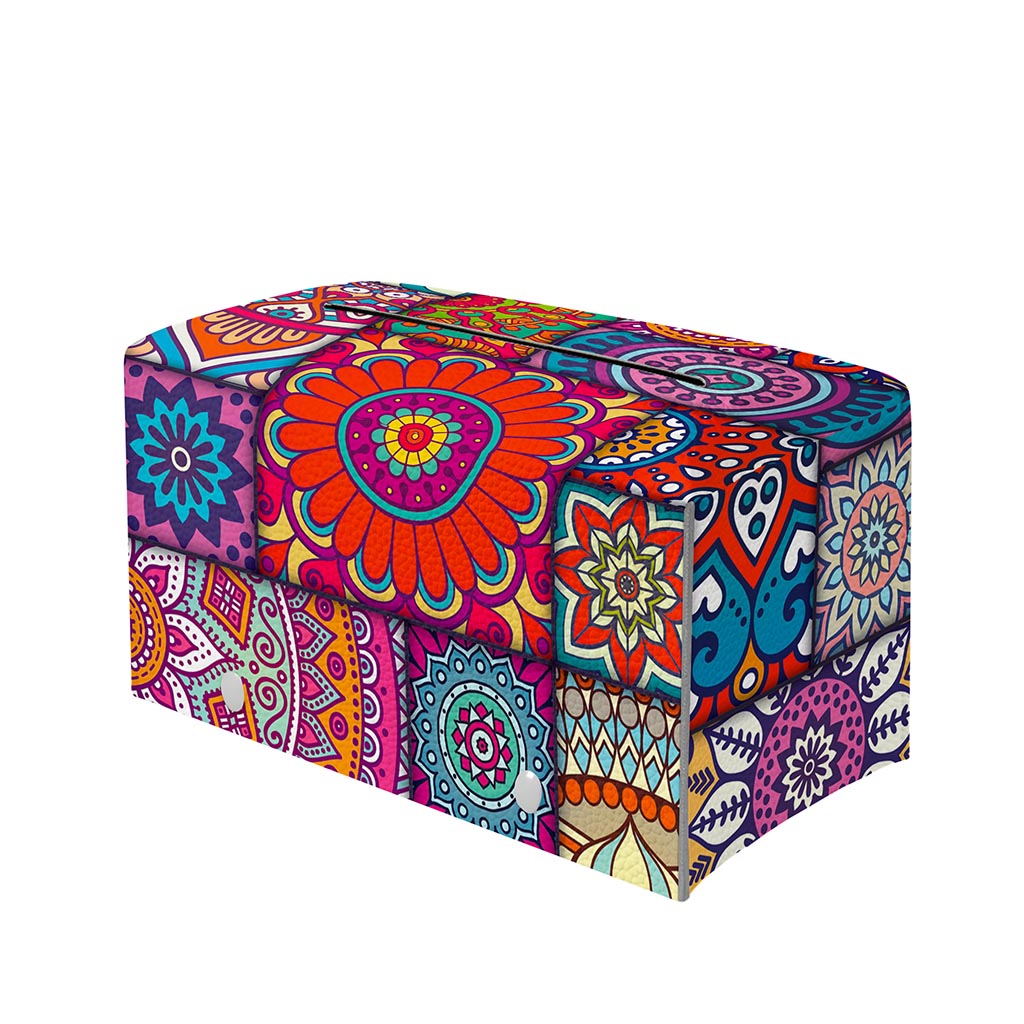 Square Bohemian Mandala Patchwork Print Leather Tissue Box Cover
