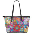 Square Bohemian Mandala Patchwork Print Leather Tote Bag With Zipper