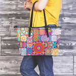 Square Bohemian Mandala Patchwork Print Leather Tote Bag