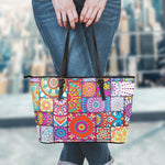 Square Bohemian Mandala Patchwork Print Leather Tote Bag