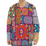 Square Bohemian Mandala Patchwork Print Long Sleeve Baseball Jersey